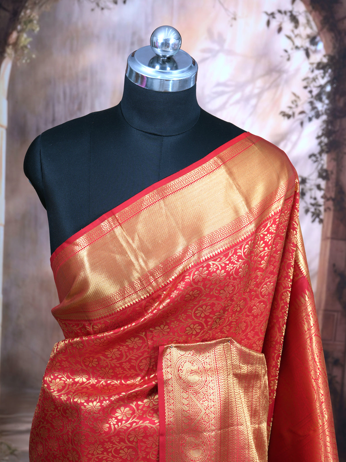 Regal Crimson Red and Antique Gold Kanjivaram Silk Saree