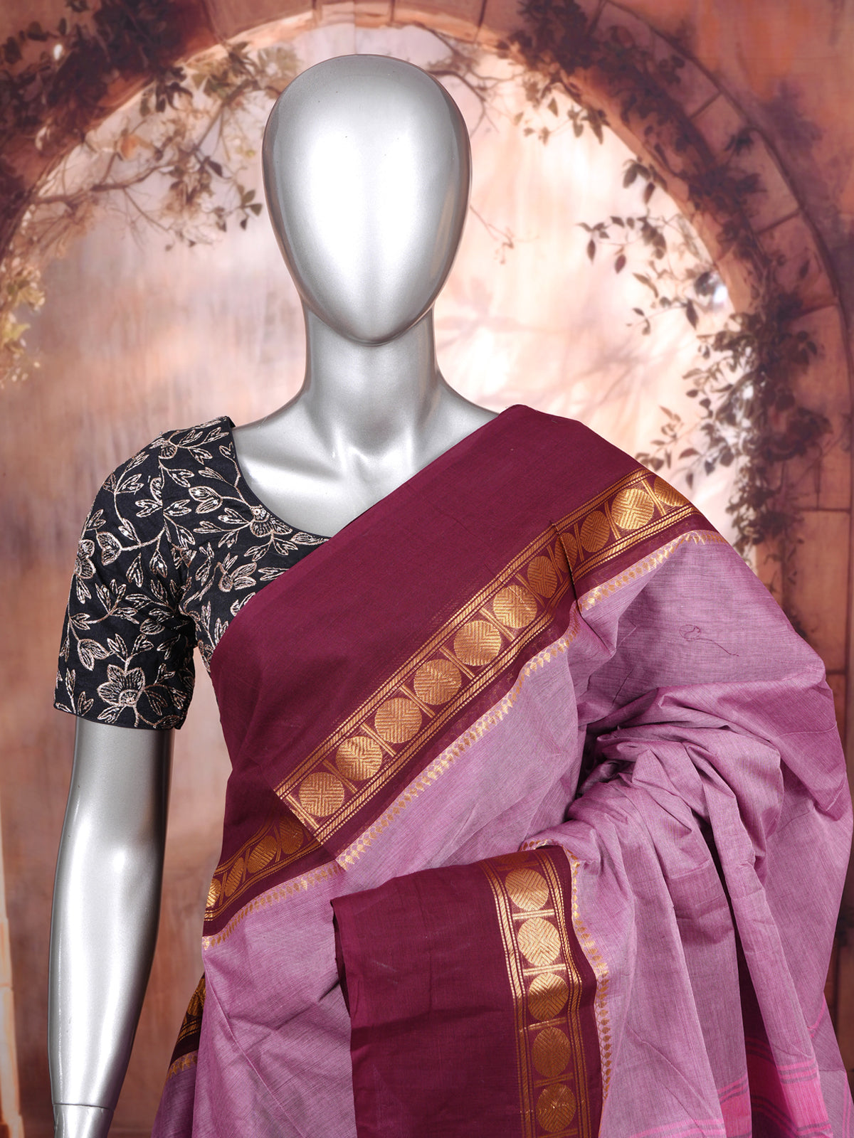 Mauve Pink and Wine Red Chettinad Cotton Saree