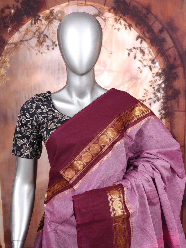 Mauve Pink and Wine Red Chettinad Cotton Saree