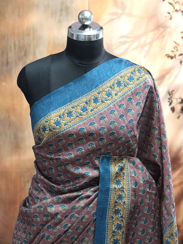 Mauve with Teal Blue - Semi Tussar Saree