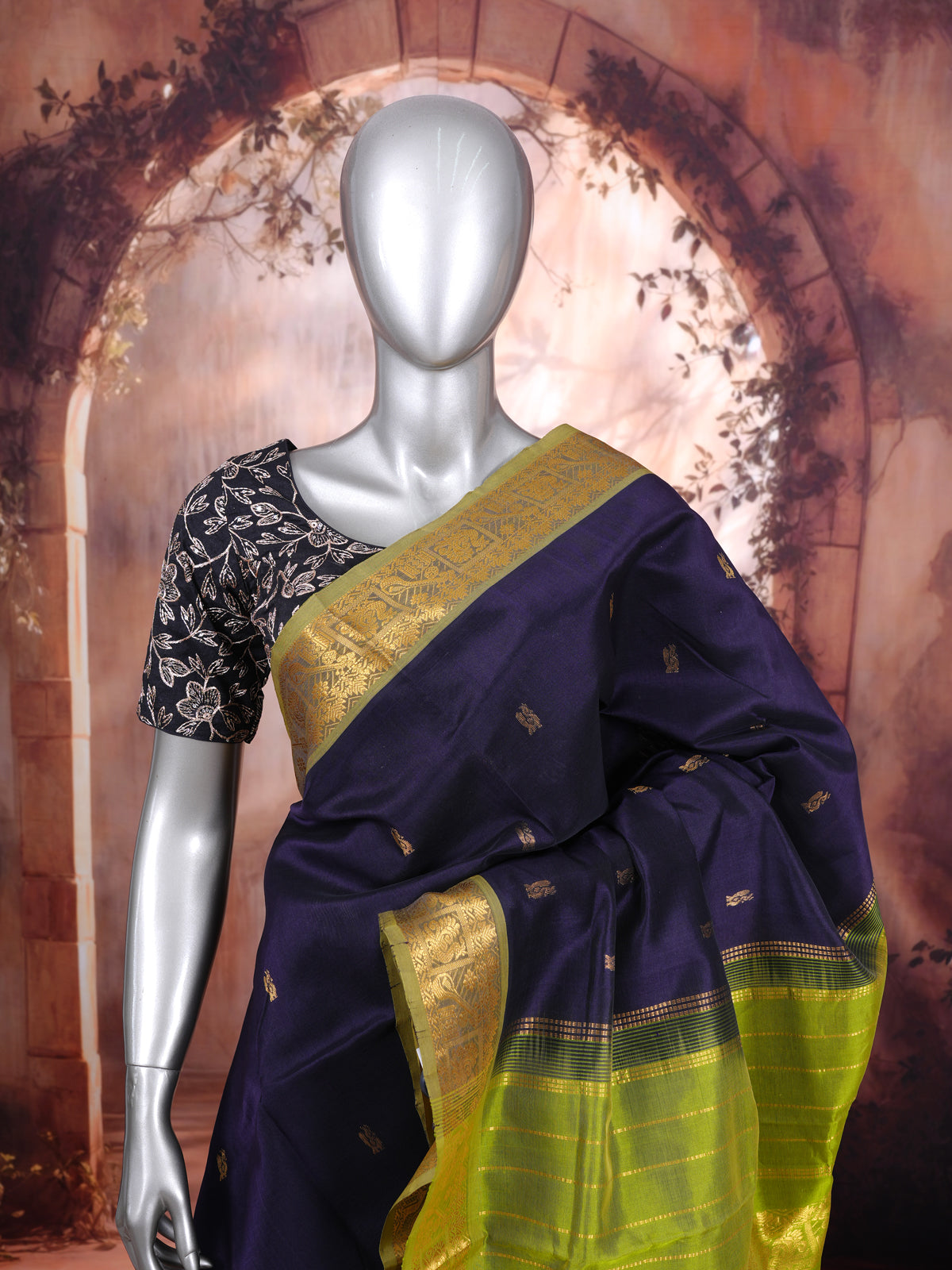 Elegant Royal Purple pure Silk cotton Saree with Lime Green Zari Border