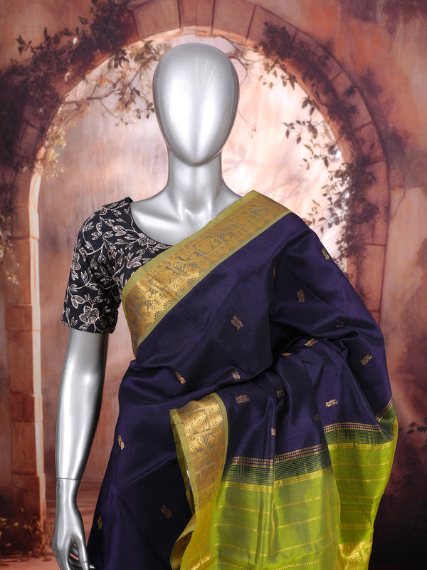 Elegant Royal Purple pure Silk cotton Saree with Lime Green Zari Border