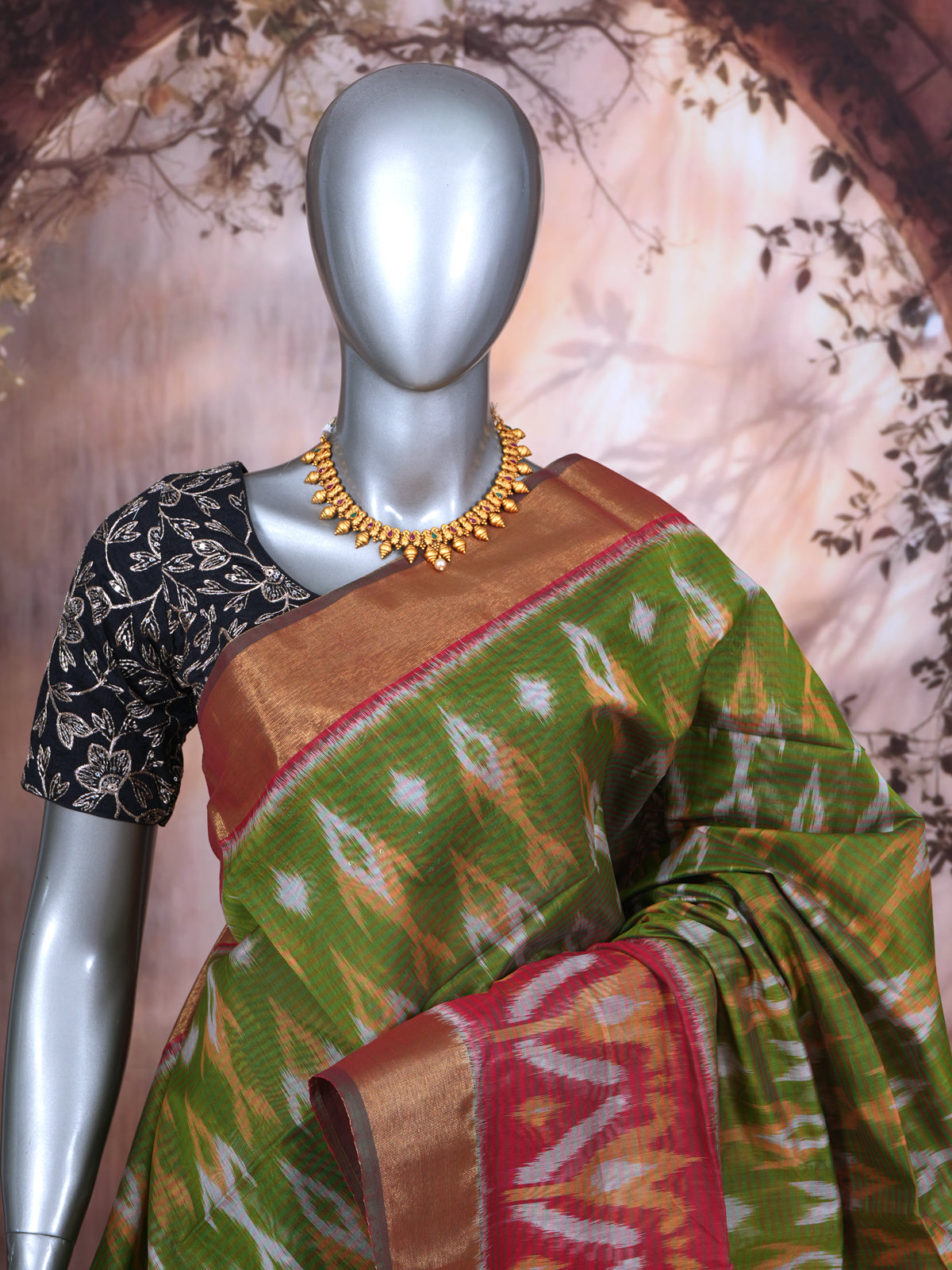 Olive Green with Red - Pochampalli Cotton Saree