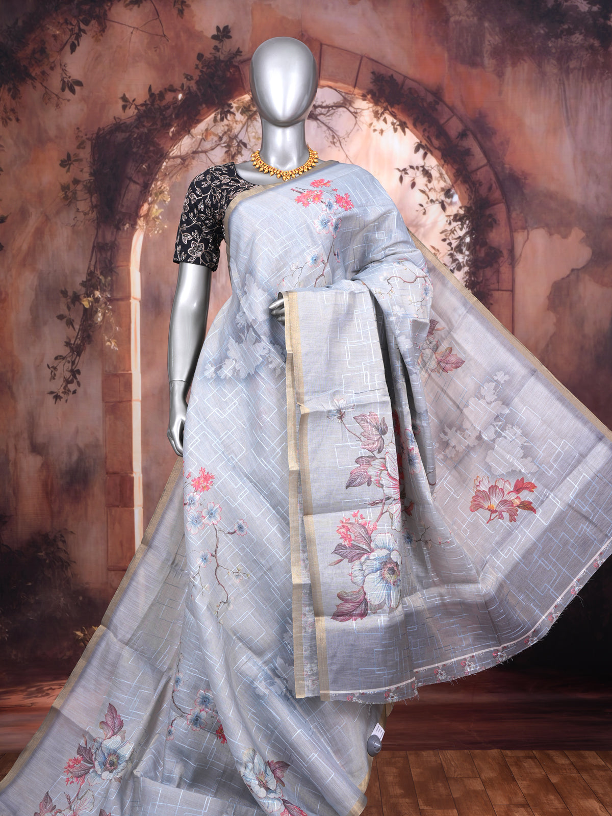 Pastel Grey with Silver-Grey Linen Cotton Saree