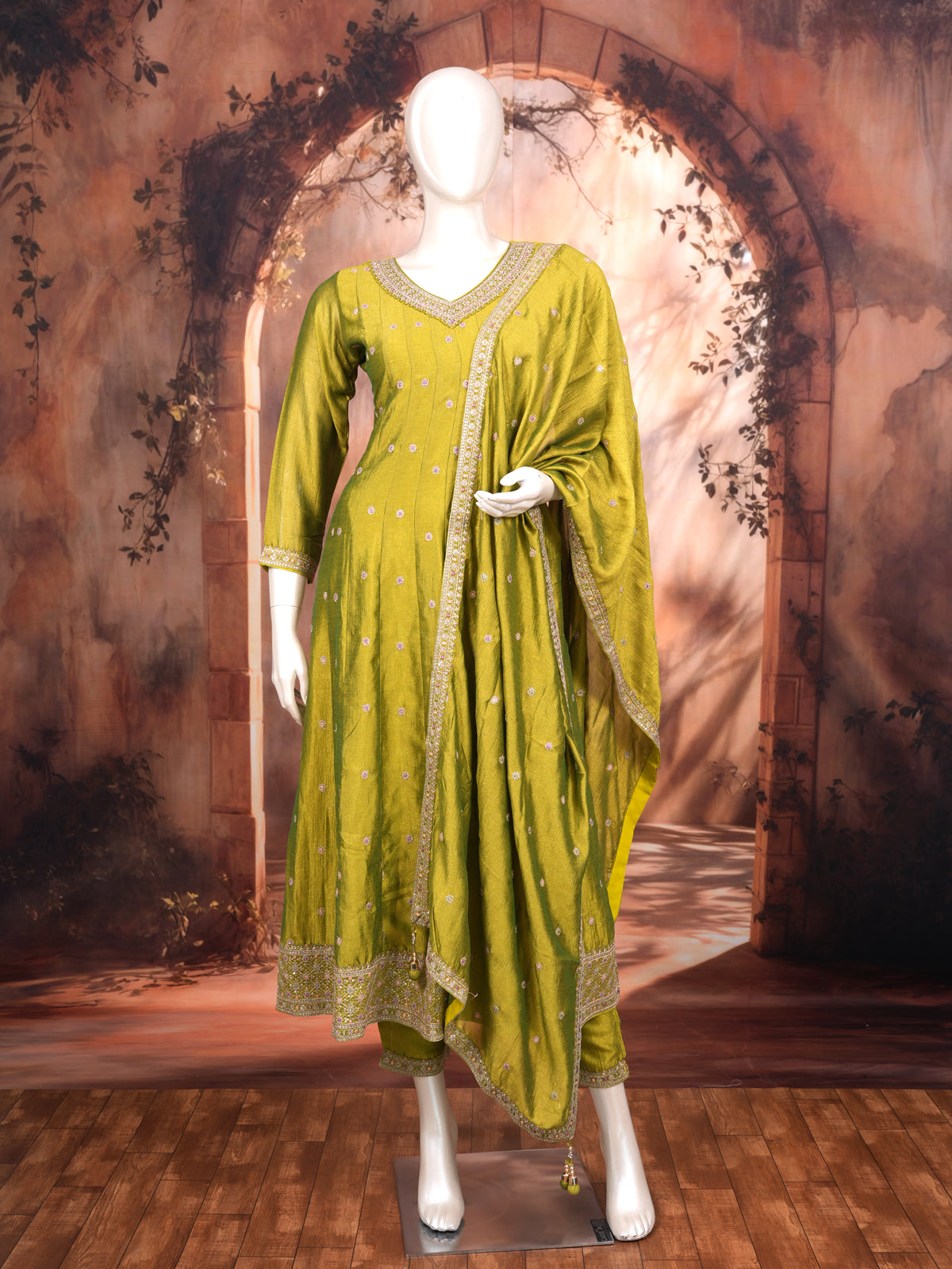 Olive Green with Zari  Dupatta Ready Made Kurti Set