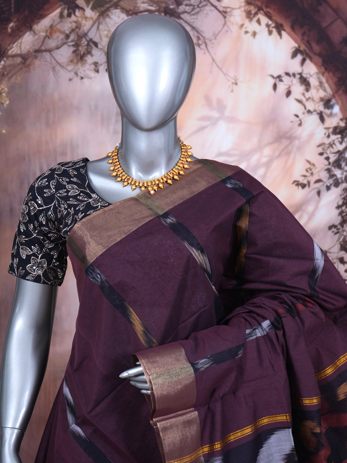 Deep Wine with Black - Pochampalli Cotton Saree