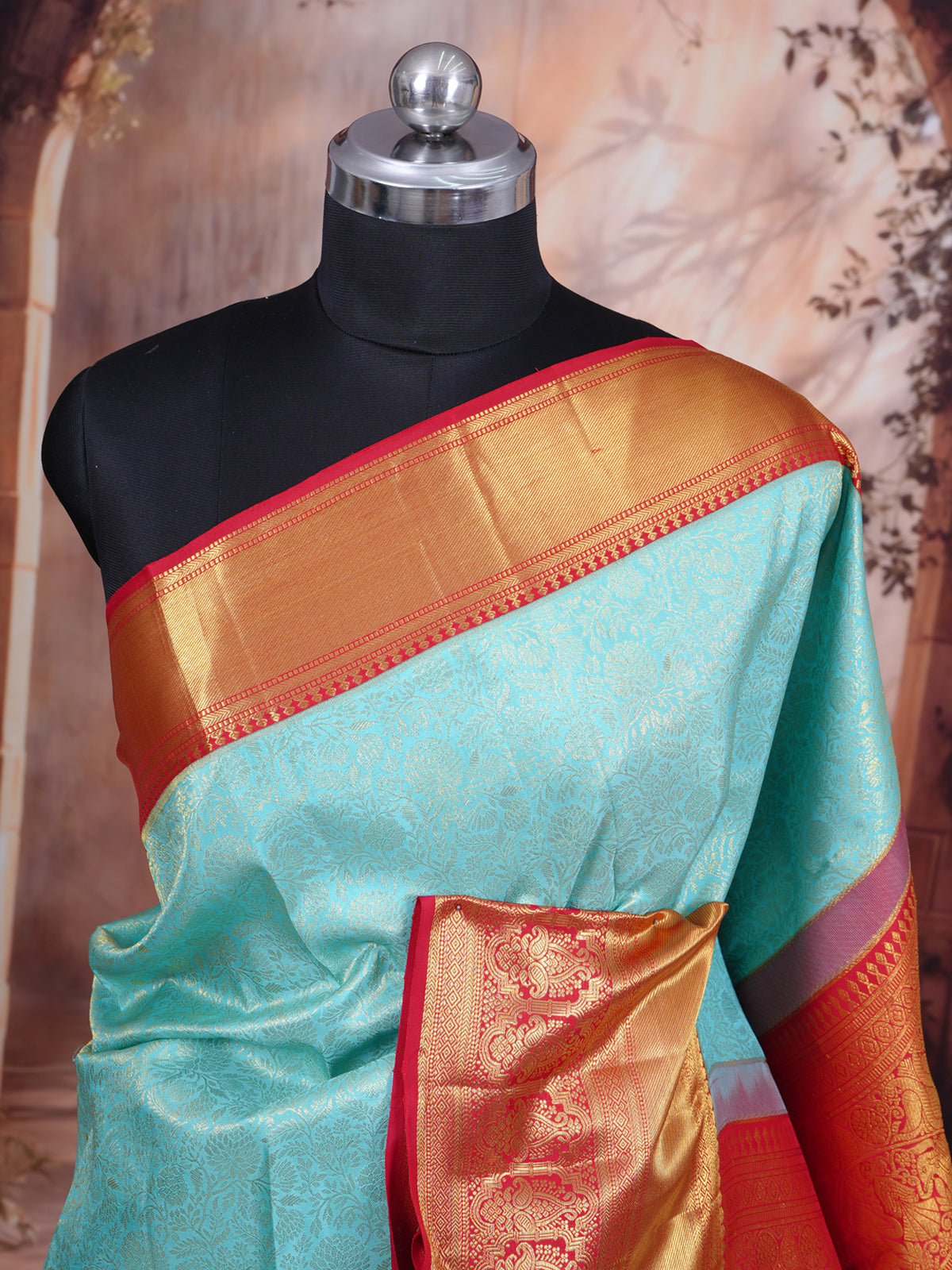 Enchanting Powder Blue and Vermilion Red Kanjivaram Silk Saree