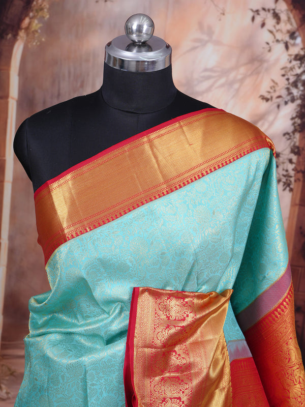 Sky Blue and Crimson Red Pure Kanchipuram Silk Saree