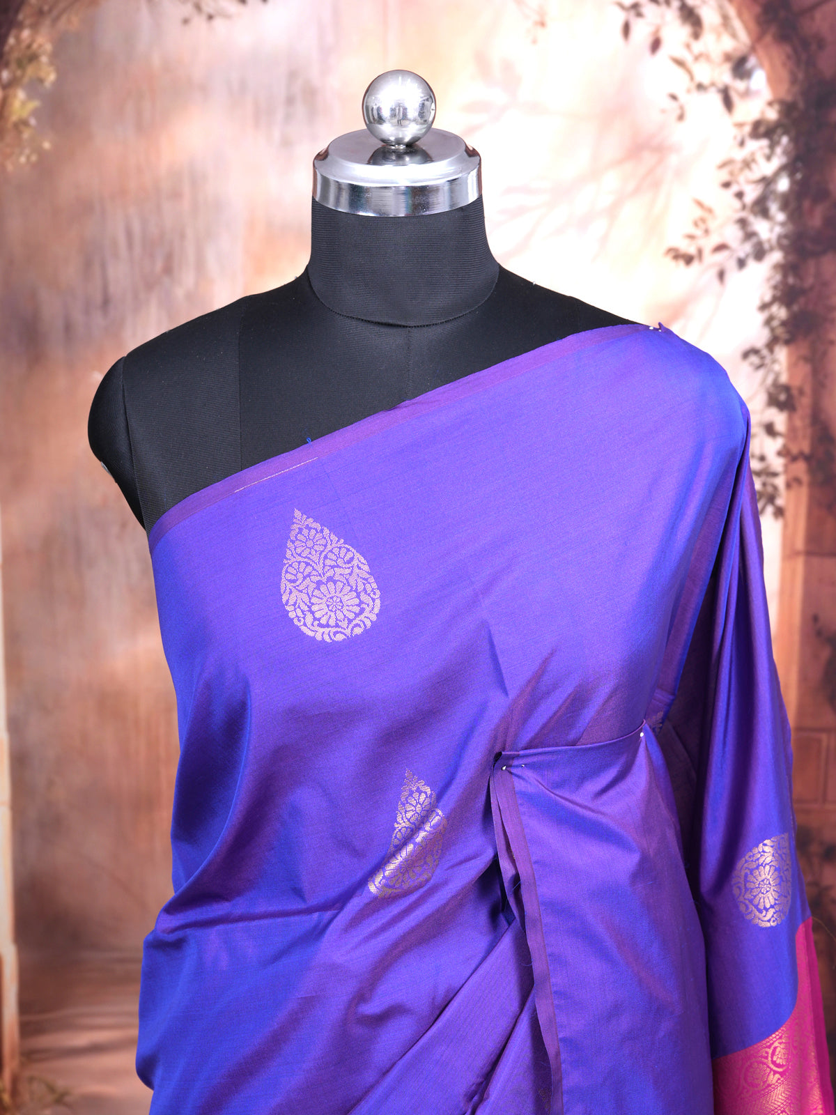 Violet with Rani Pink Semi Silk Saree