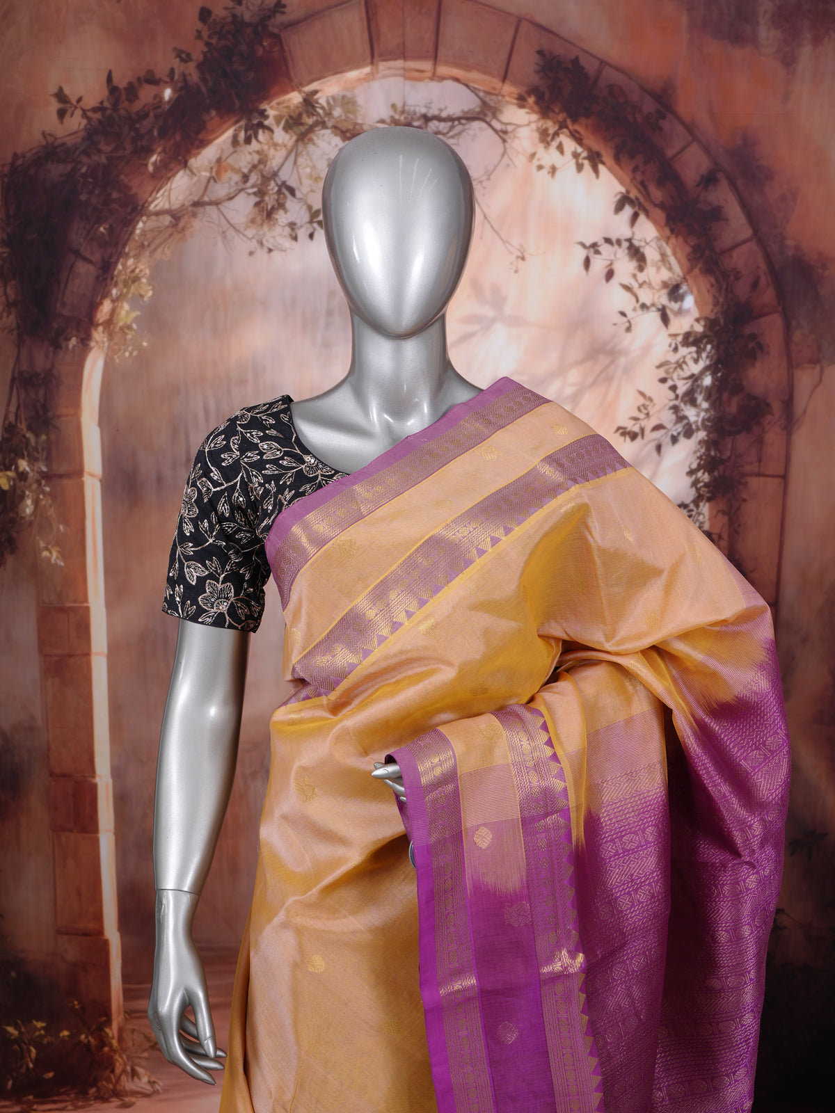 Elegant Mustard Yellow & Magenta Pure Silk Cotton Saree
