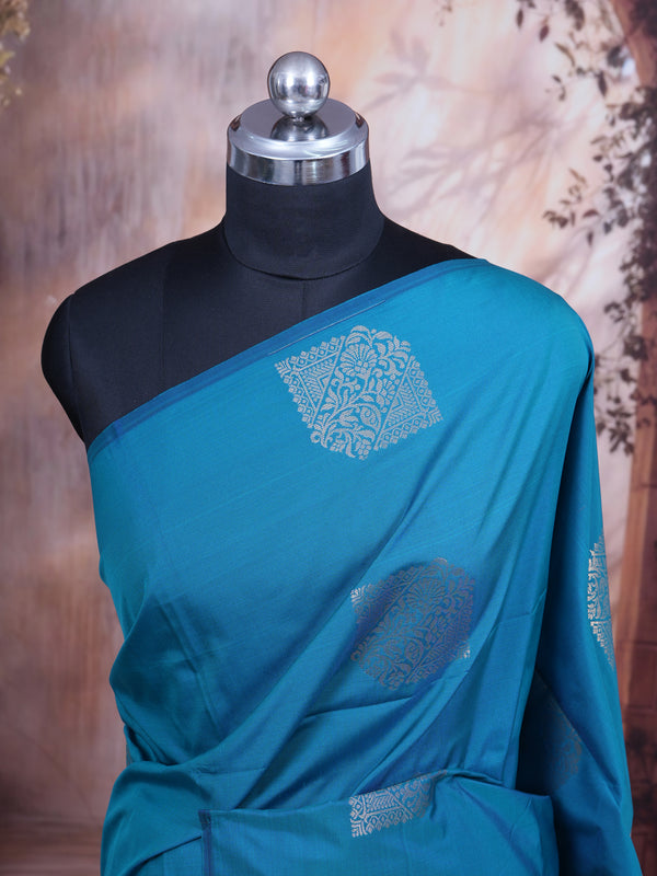 Teal Blue With Sandal Semi Silk Saree