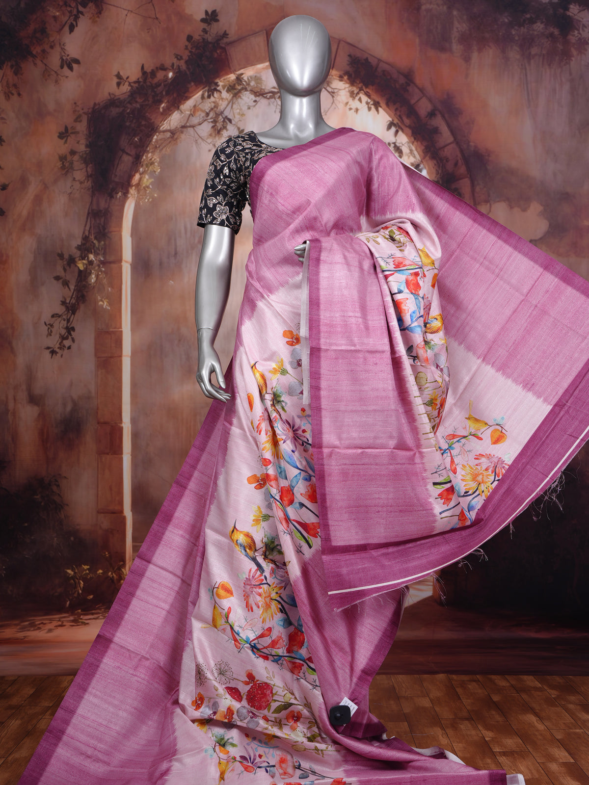 Mauve Pink Floral Digital Print Dola Silk Saree