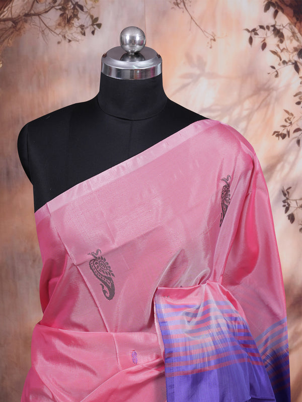 Baby Pink With Purple Semi Silk Saree