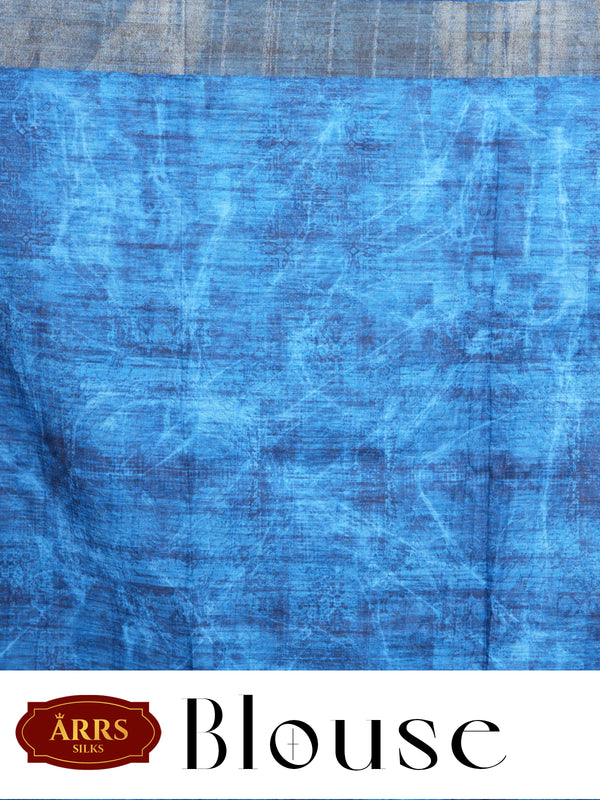 White with Blue Pallu - Semi Tussar Saree