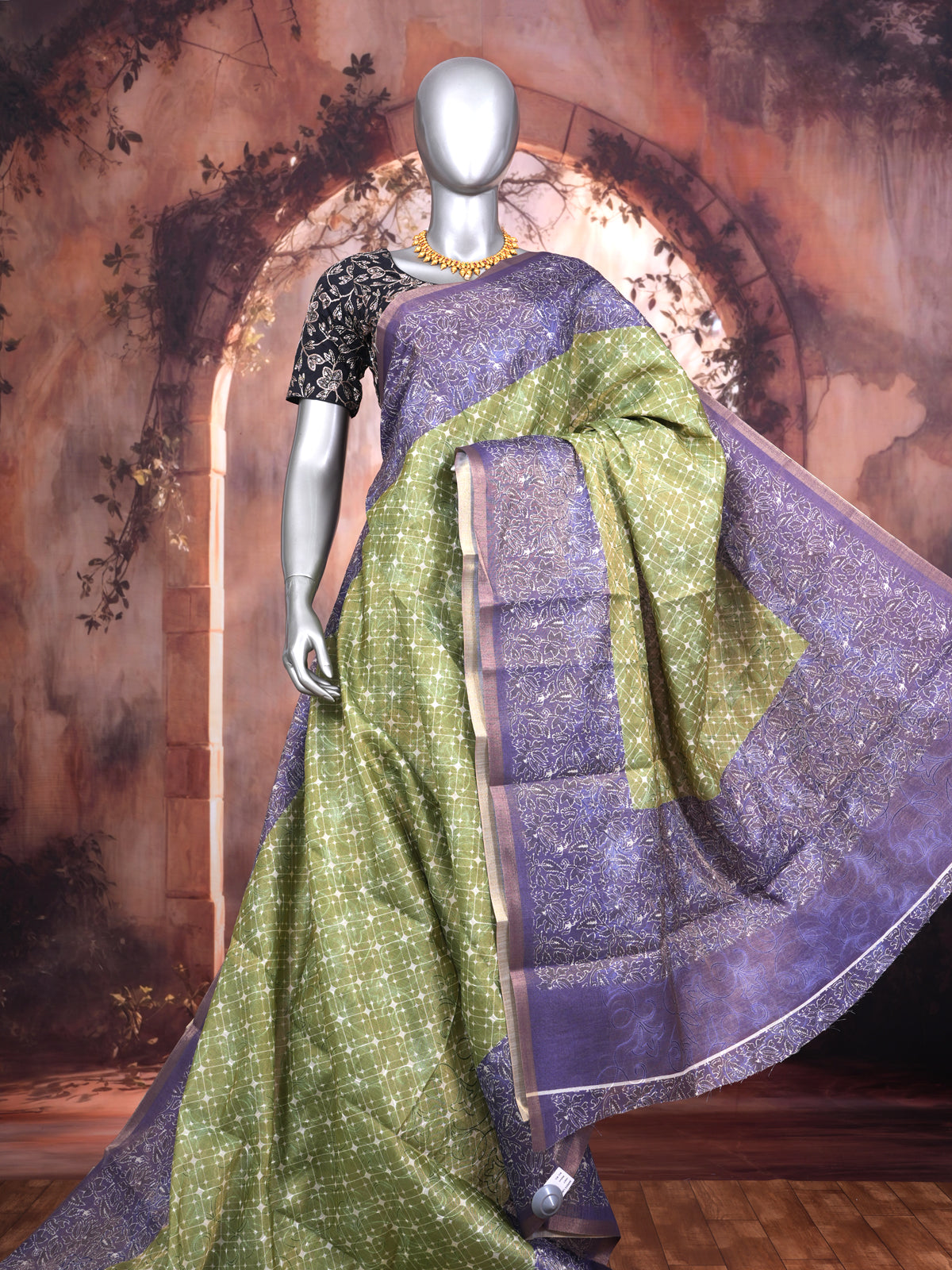 Olive Green with Violet - Linen Cotton Saree