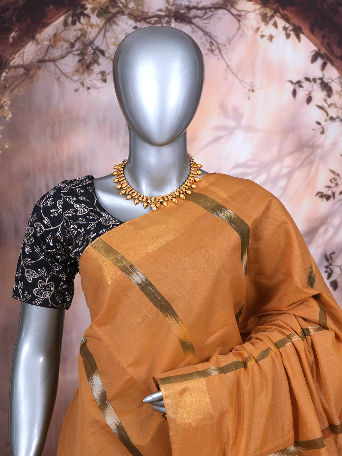 Mustard Yellow with Olive Green Pallu - Pochampalli Cotton Saree