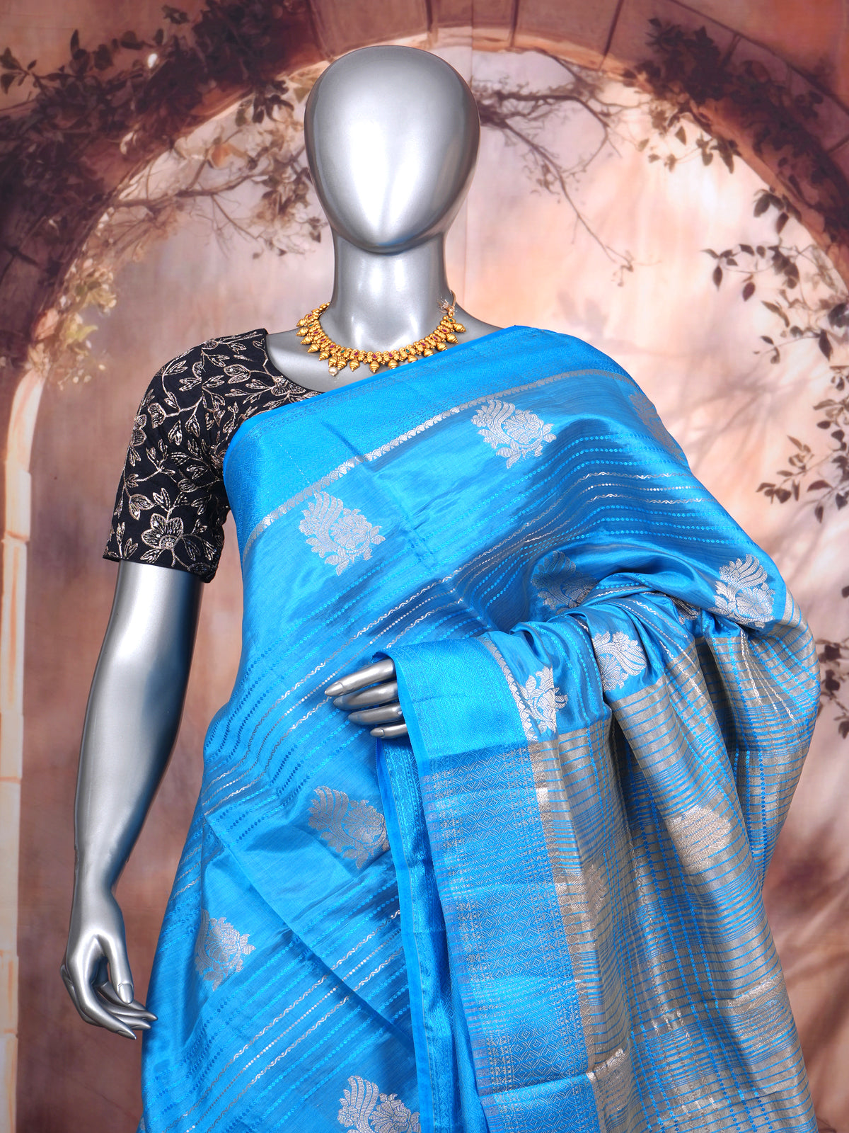 Sky Blue with Silver - Semi Tussar Saree