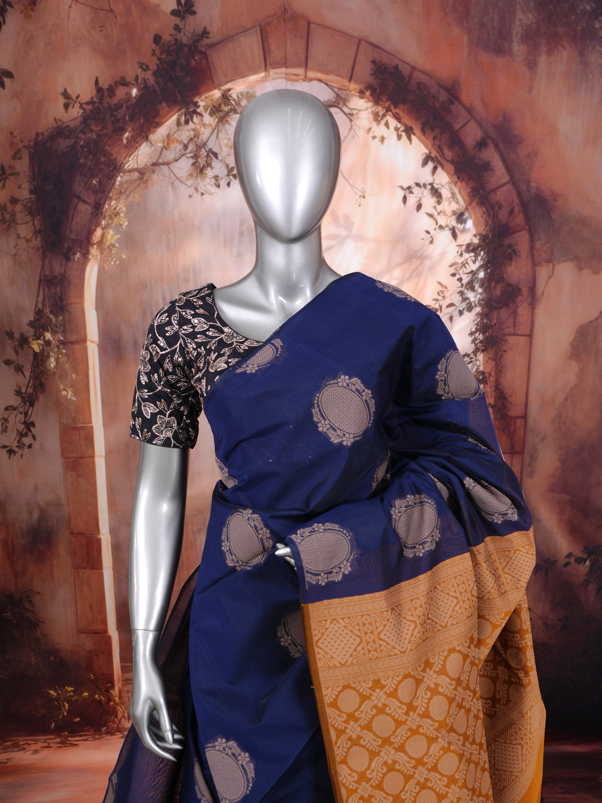 Navy Blue with Mustard Silk Cotton Saree