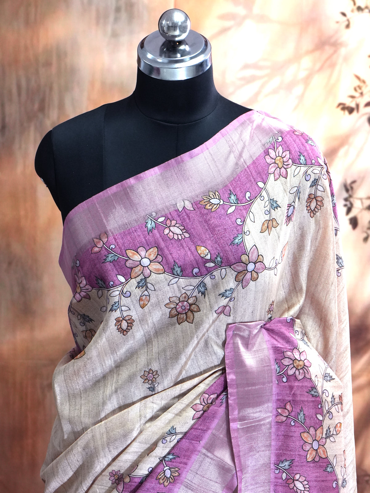 Off-White with Pink - Semi Tussar Saree