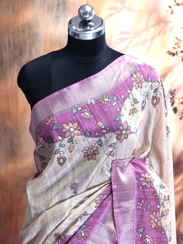 Off-White with Pink - Semi Tussar Saree