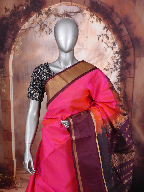 Exquisite Rani Pink and Deep Wine Handloom pure Silk cotton Saree