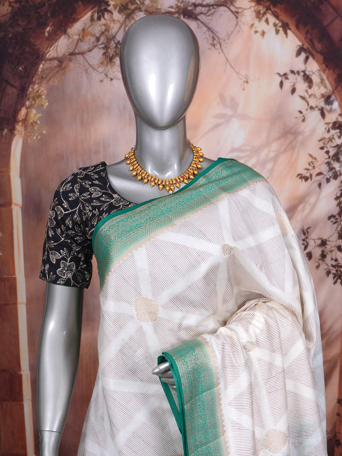 Off-White with Emerald Green - Semi Tussar Saree