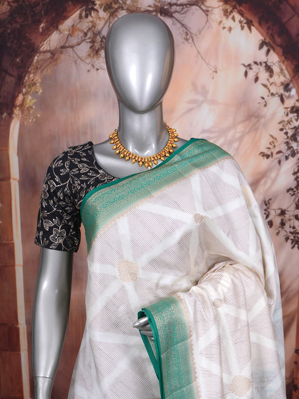 Off-White with Emerald Green - Semi Tussar Saree