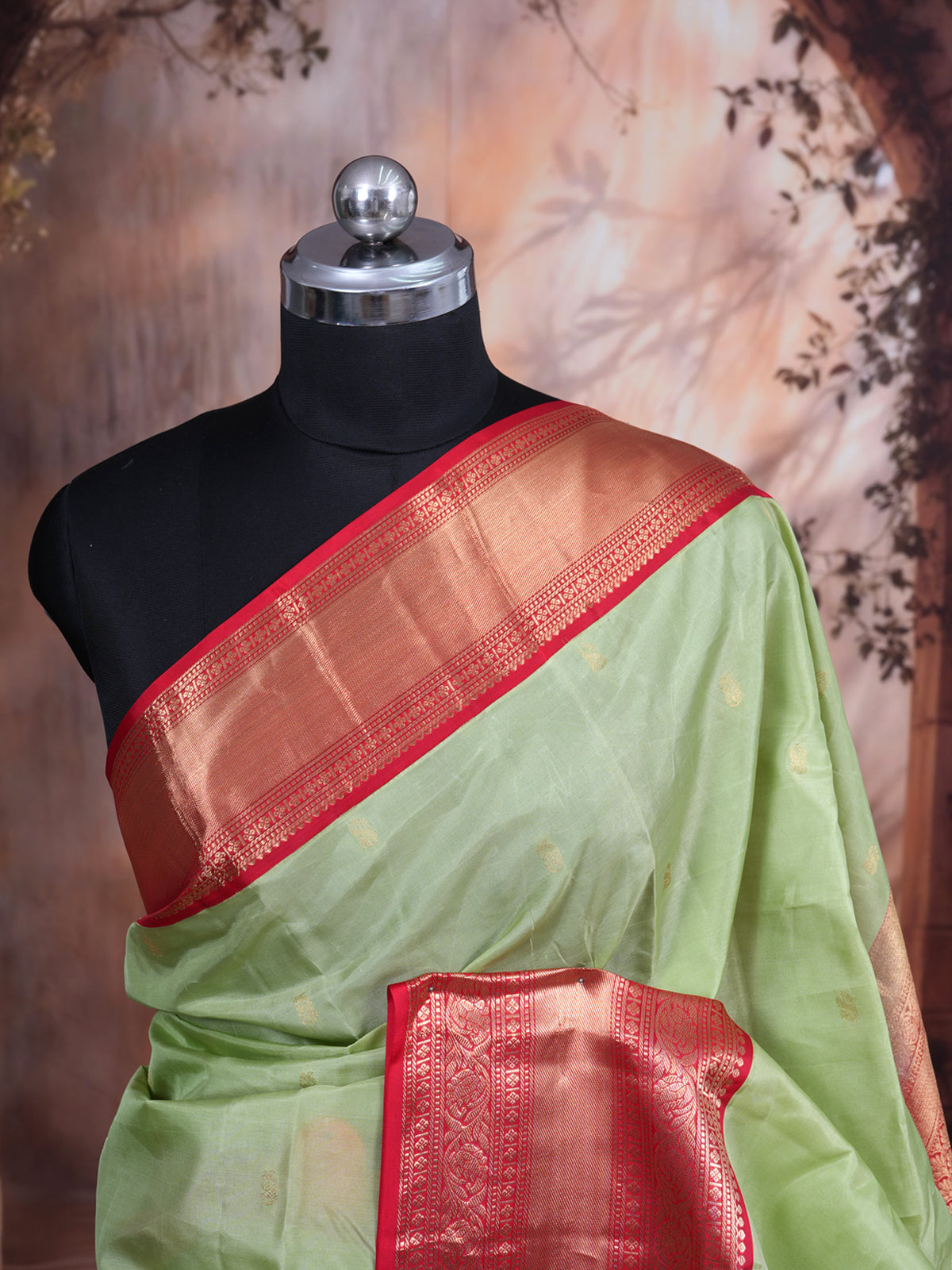 Light Green with Crimson Red - Pure Kanchipuram Silk Saree