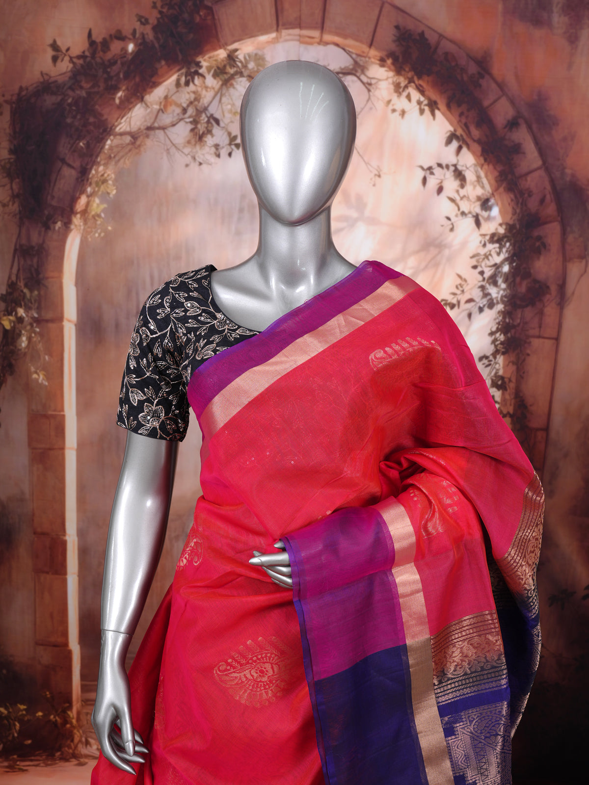 Pure Silk Cotton Saree in Vibrant Pink and Violet-Blue with Traditional Zari Border