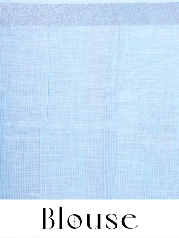 Sky Blue with Silver White Pallu - Linen Cotton Saree