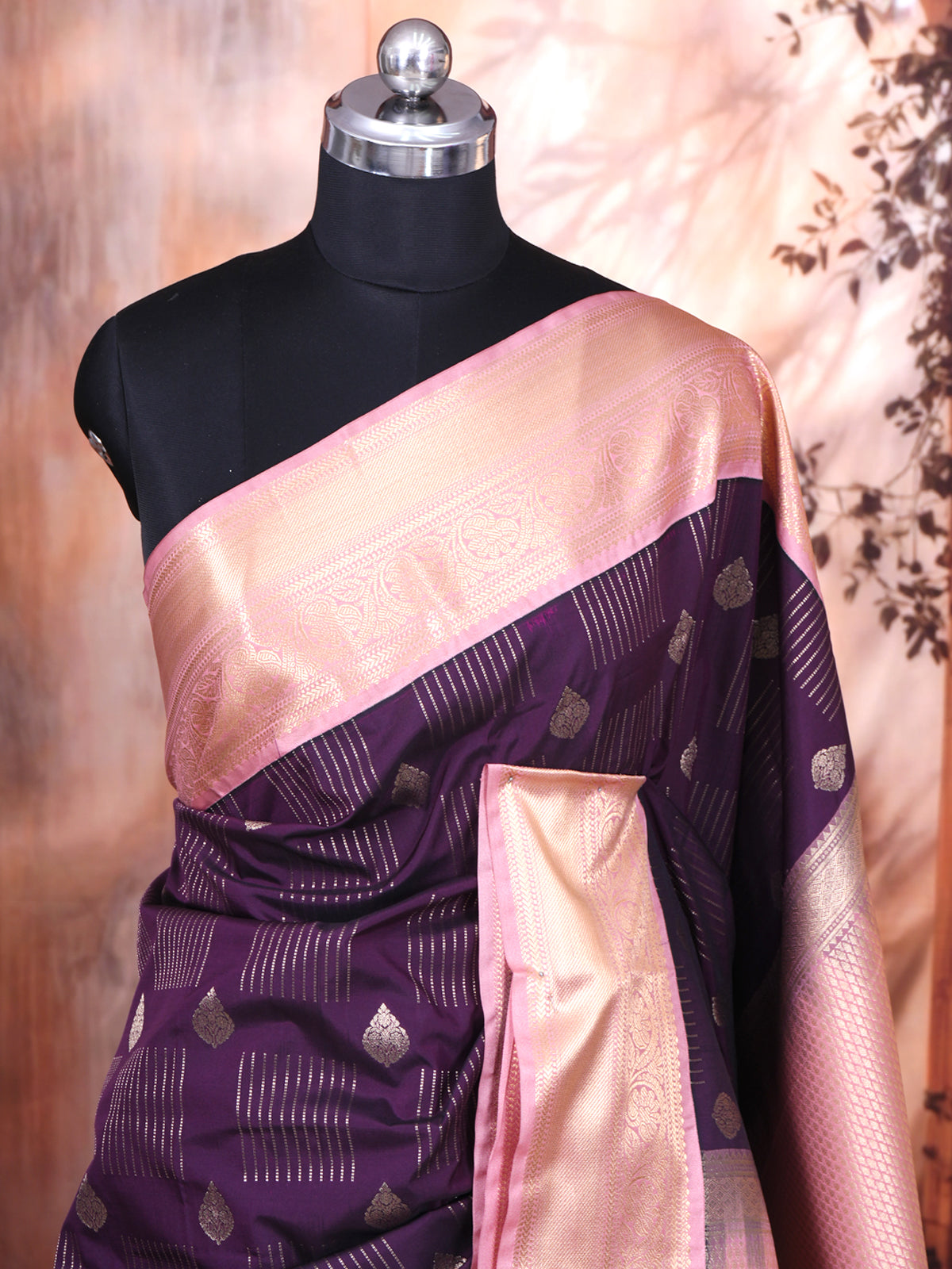 Wine Purple with Peach-Pink Kanchipuram Fancy Silk Saree