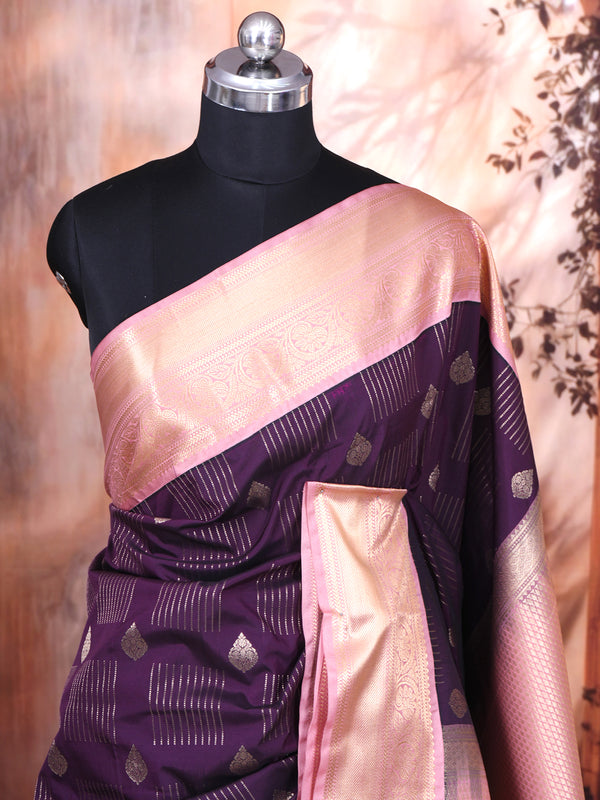 Wine Purple with Peach-Pink Kanchipuram Fancy Silk Saree