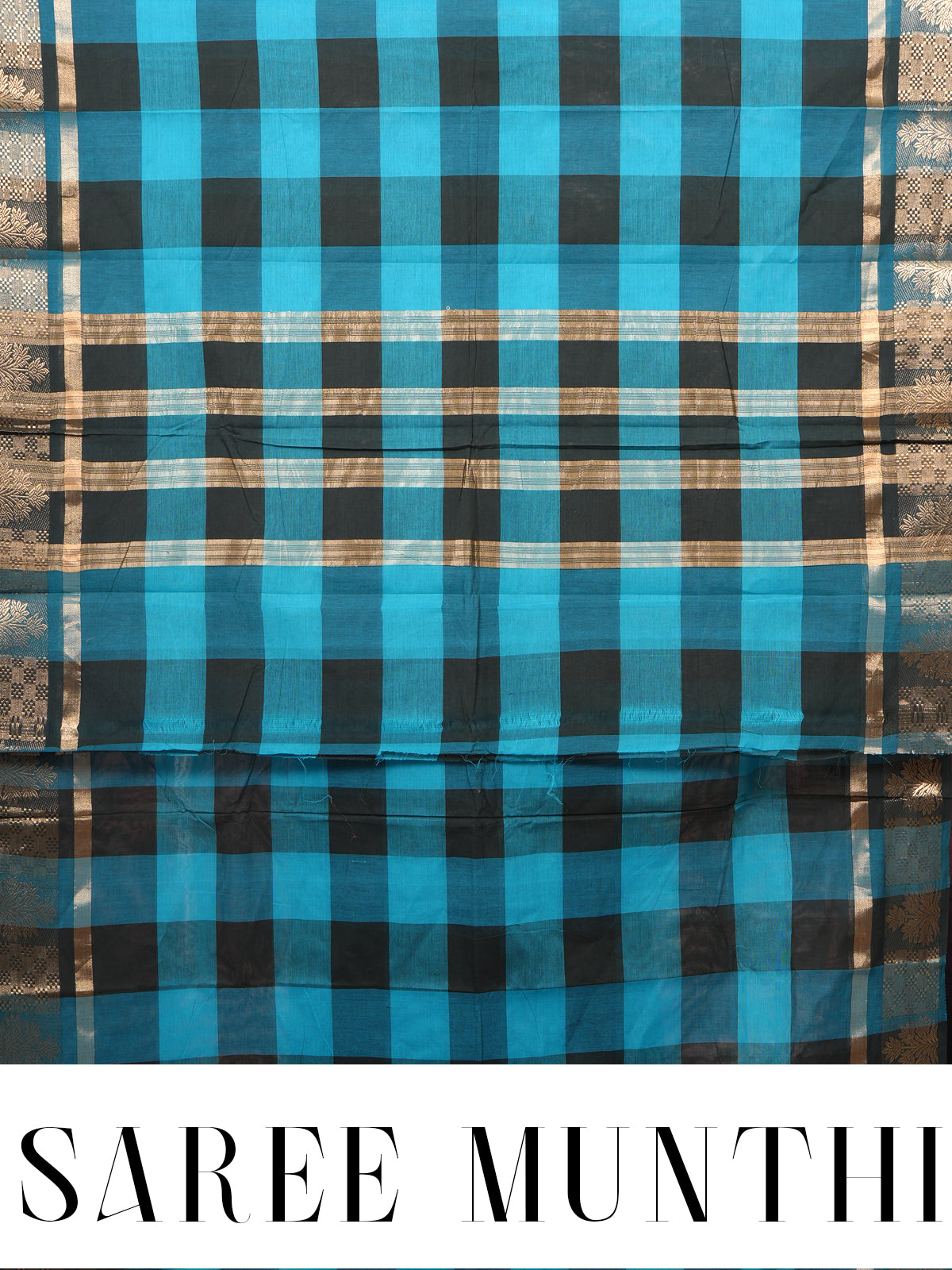 Turquoise Blue and Black Chettinad Cotton Saree