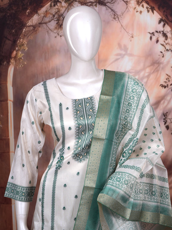 Off-White with Green Ready Made Salwar Suit