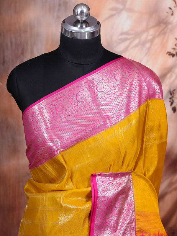 Mustard Yellow with Pink Kanchipuram Fancy Silk Saree