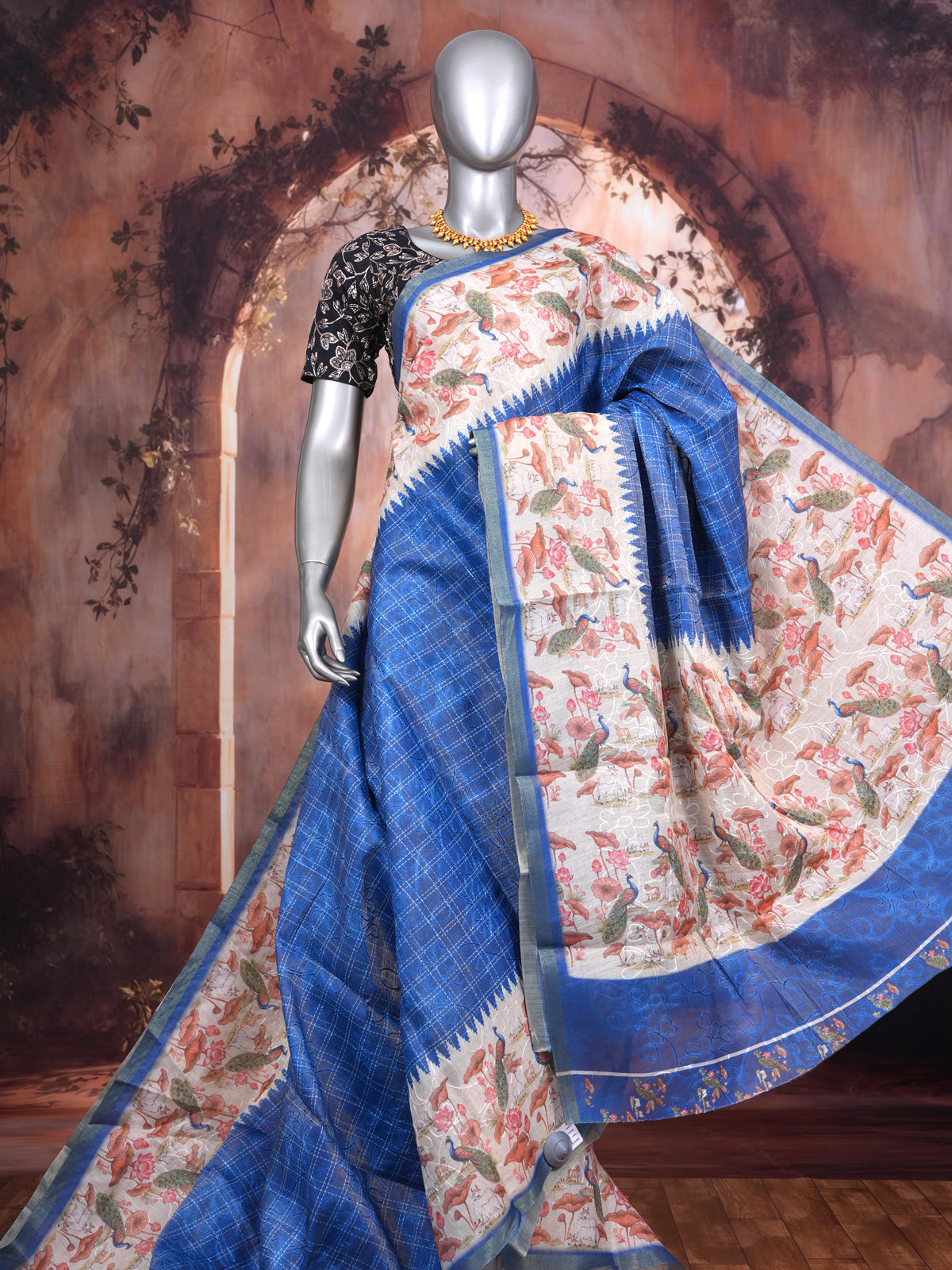 Royal Blue with Off-White Floral - Linen Cotton Saree