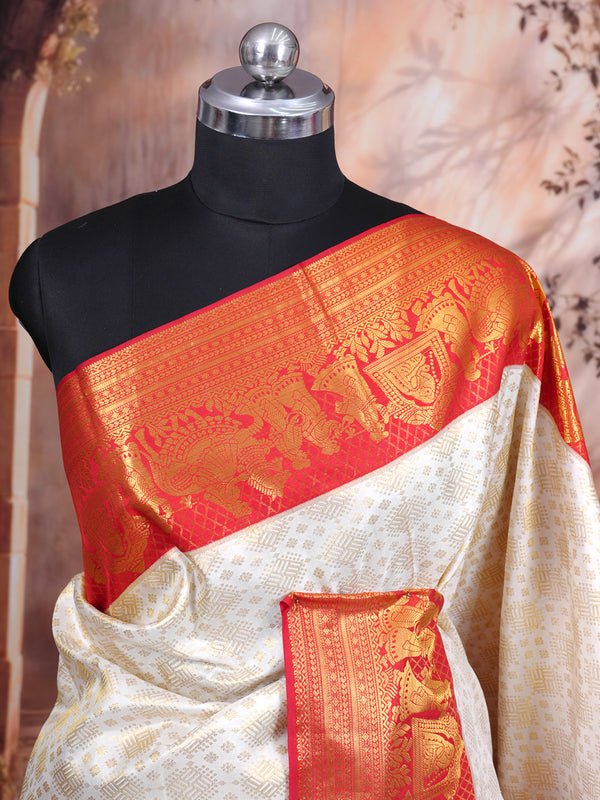 Off-White and Crimson Red Kanchipuram Silk Saree