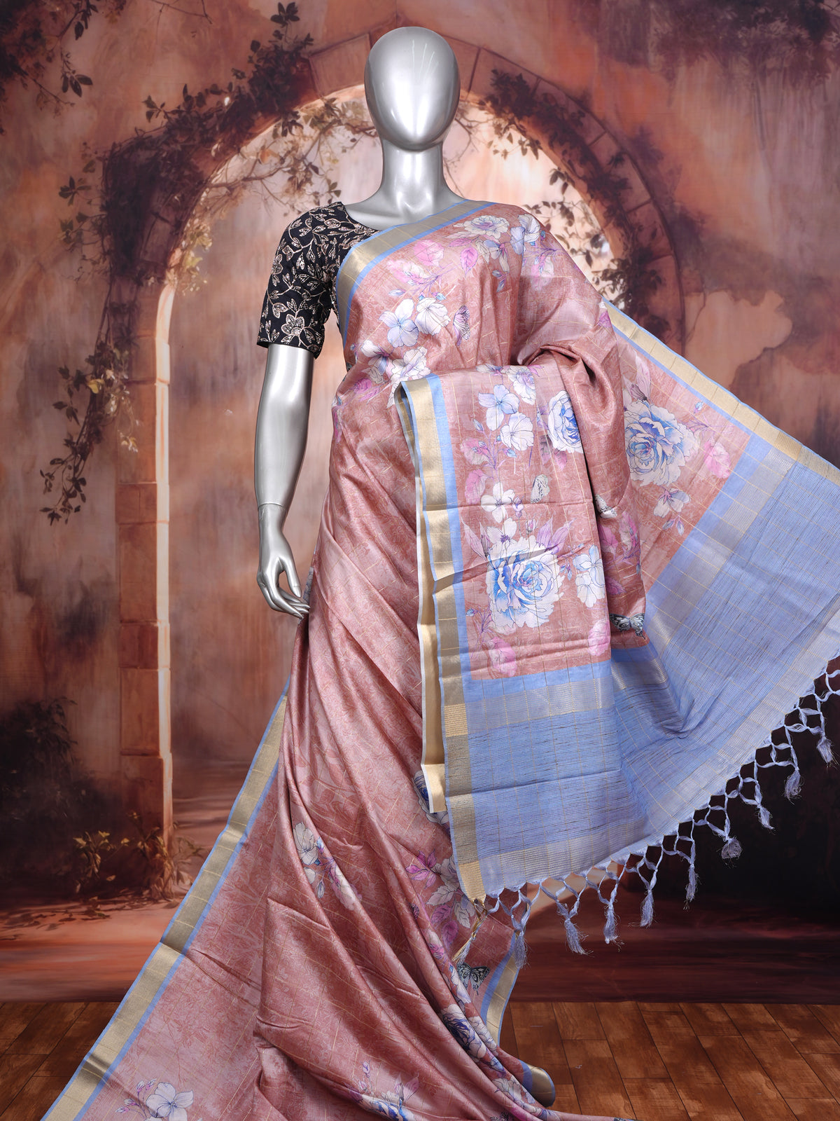 Rose Gold and Pastel Blue Dola Silk Saree