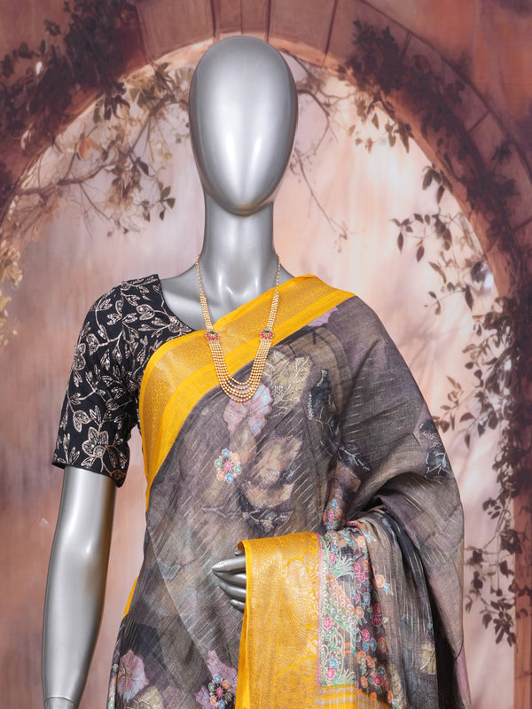 Charcoal Grey with Golden Yellow - Semi Raw Silk Saree
