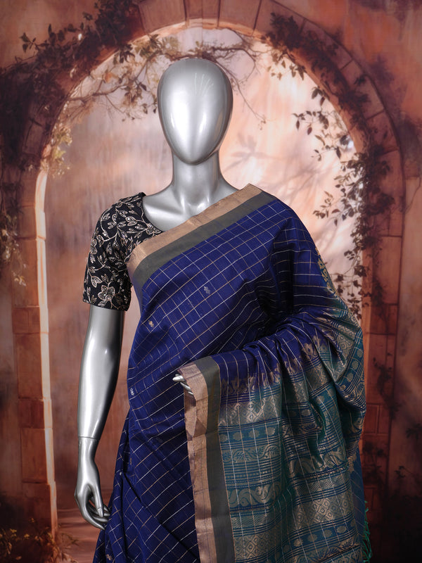 Elegant Royal Blue and Teal Pure Silk Cotton Saree
