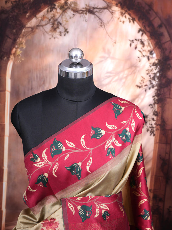 Cream Gold Semi Silk Saree