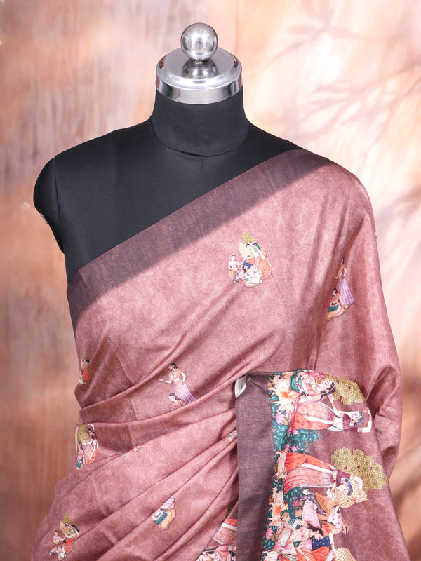 Dusty Rose Pink with Deep Coffee Brown - Semi Tussar Saree