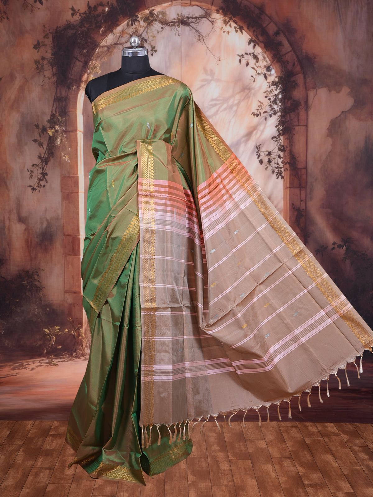 Olive Green With Orange Semi Silk Saree