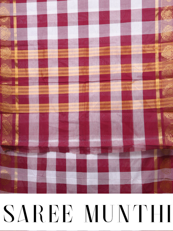 Maroon and White Maroon Munthi Chettinad Cotton Saree