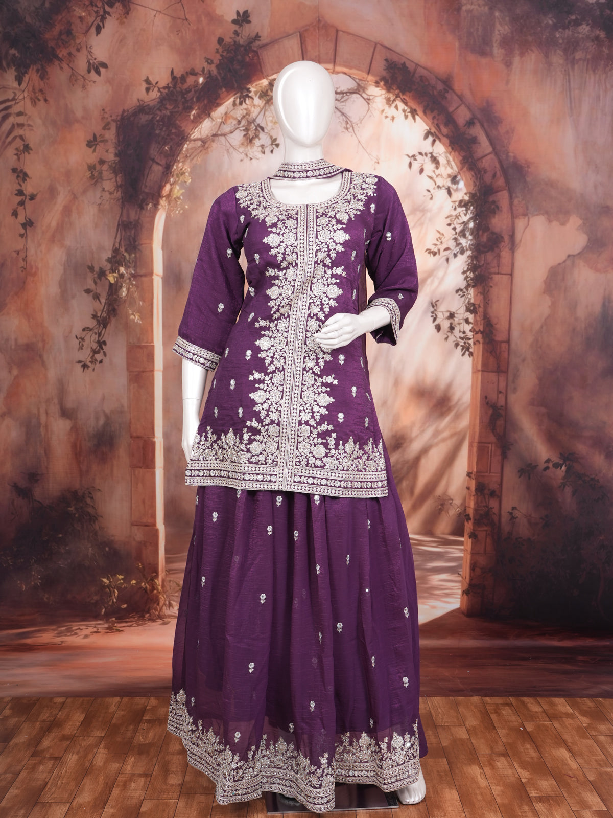 Purple with white zari Dupatta Ready Made Cholie Set