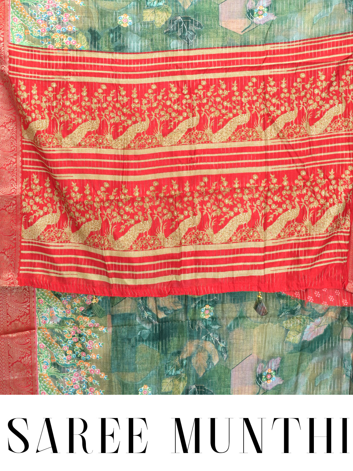 Green with Red - Semi Raw Silk Saree