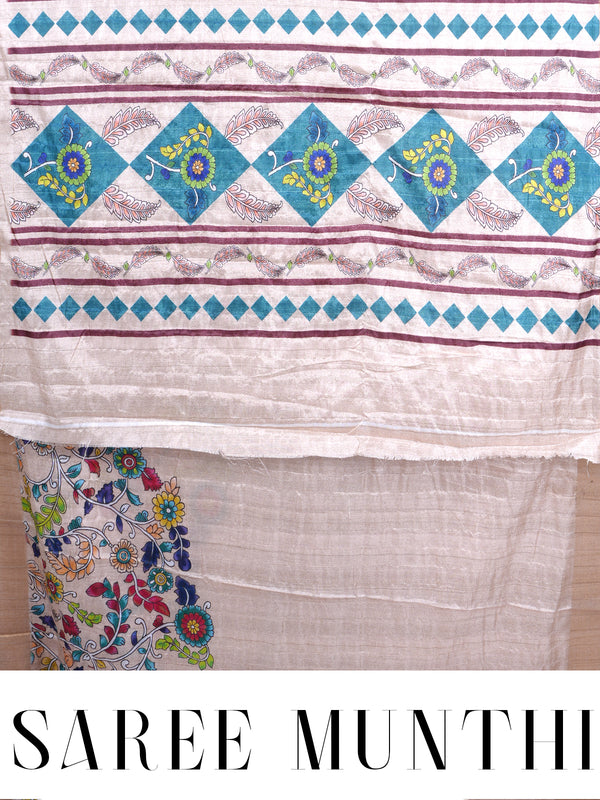 Silver Grey Dola Silk Saree with Multicolour Munthi & Floral Art