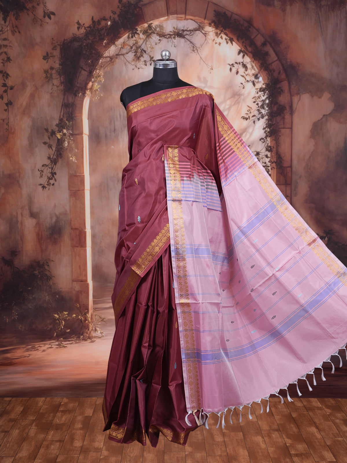 Maroon With Pink Semi Silk Saree