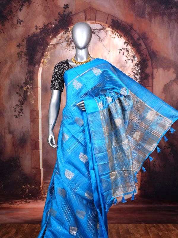 Sky Blue with Silver - Semi Tussar Saree