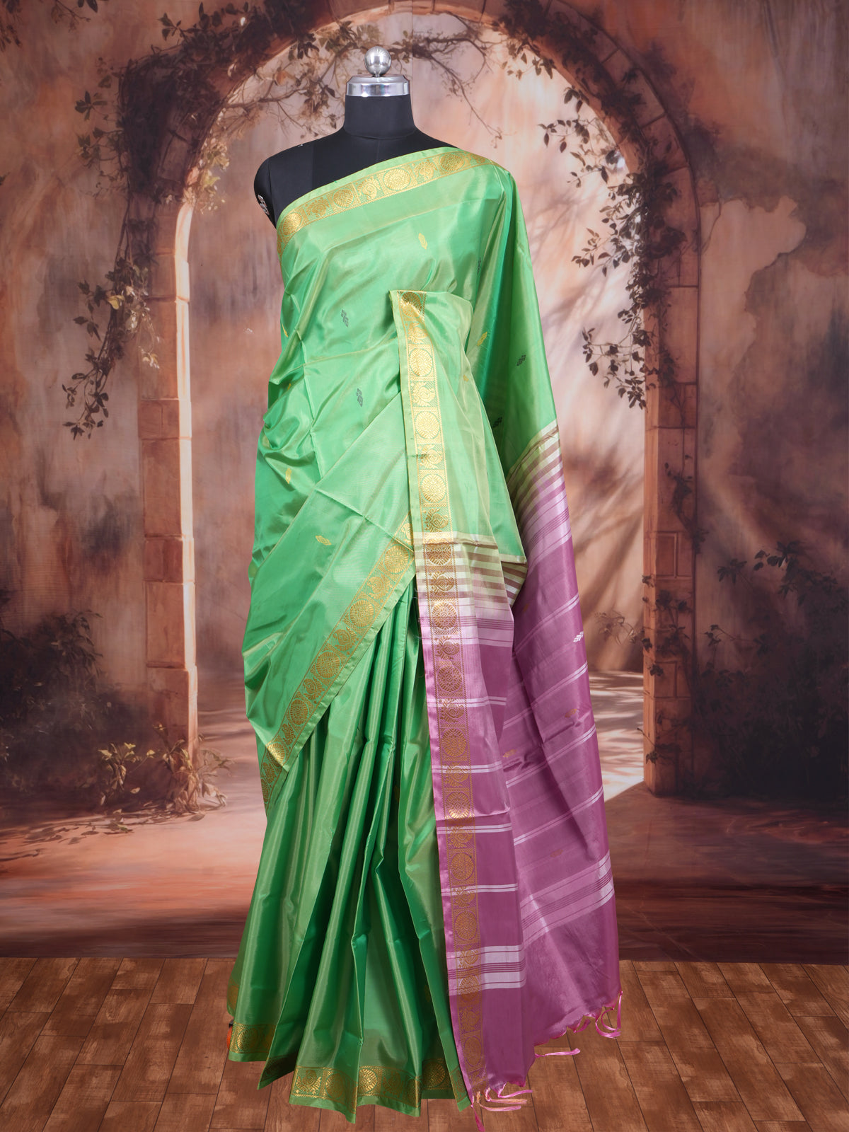 Parrot Green With Purple Semi Silk Saree